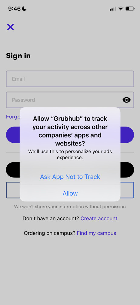 Grubhub Enable tracking screenshot