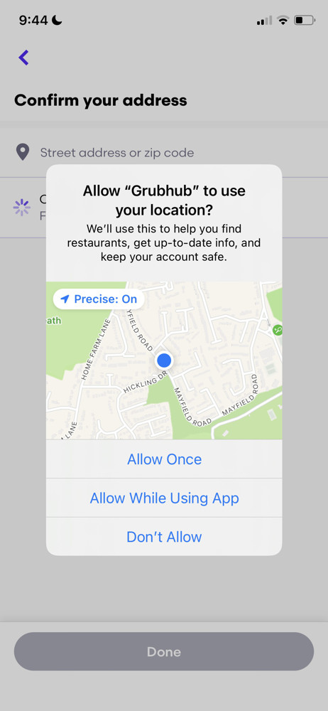 Grubhub Enable location services screenshot