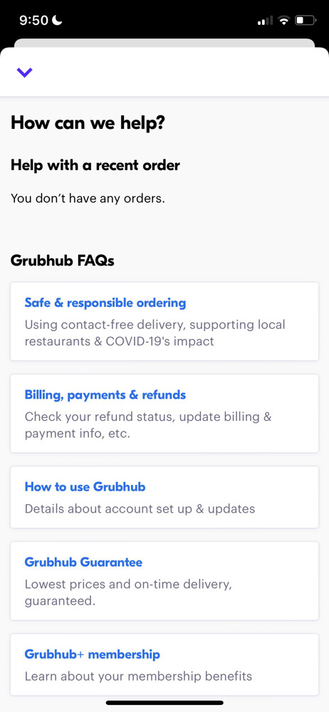 Grubhub Help center screenshot