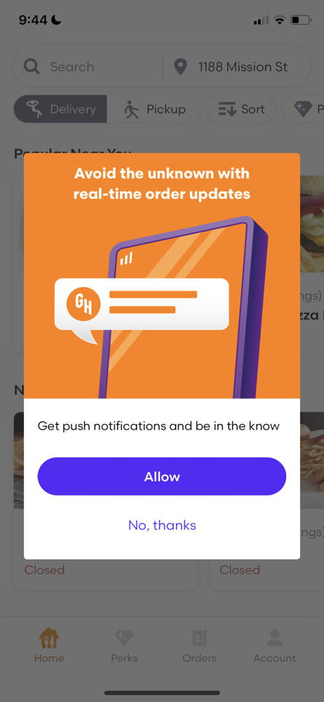 Grubhub Enable notifications screenshot
