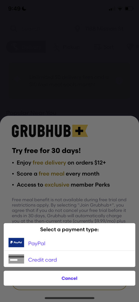 Grubhub Select payment method screenshot