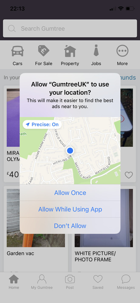 Gumtree Enable location services screenshot