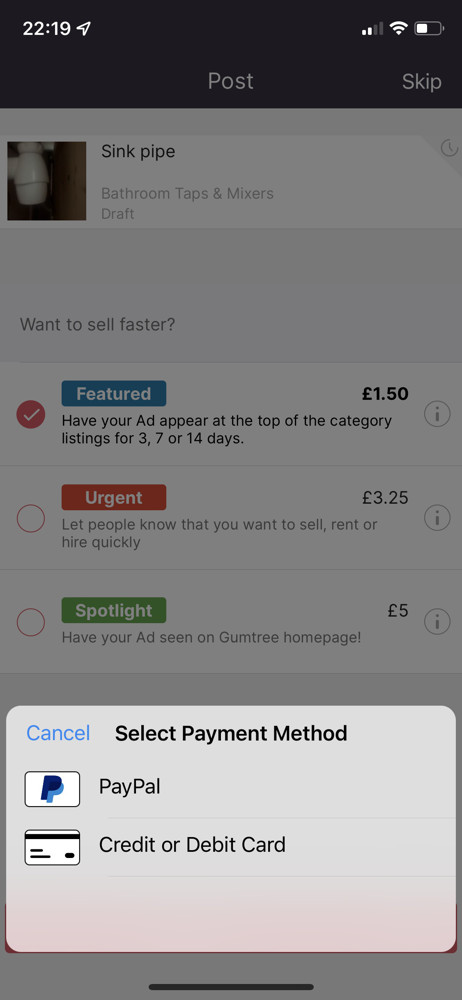Gumtree Select payment method screenshot