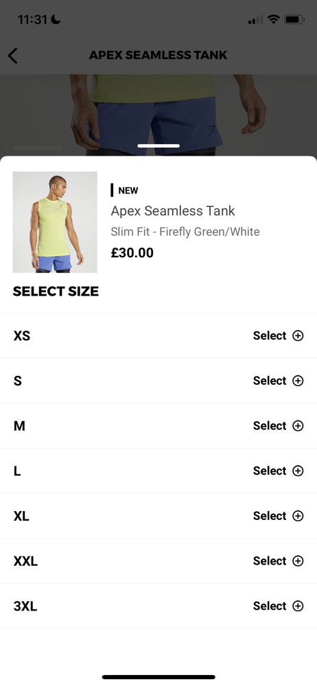 Gymshark Select size screenshot