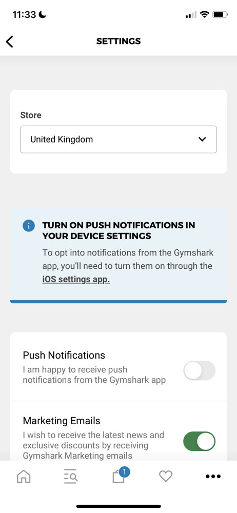 Gymshark Settings screenshot