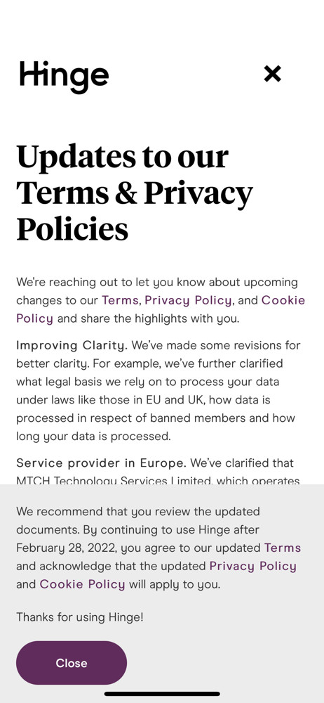 Hinge Privacy policy screenshot