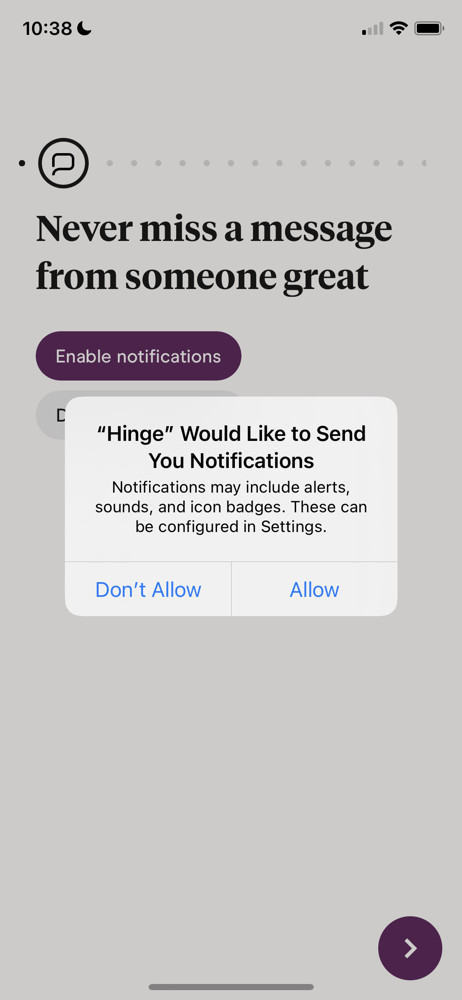 Hinge Enable notifications screenshot