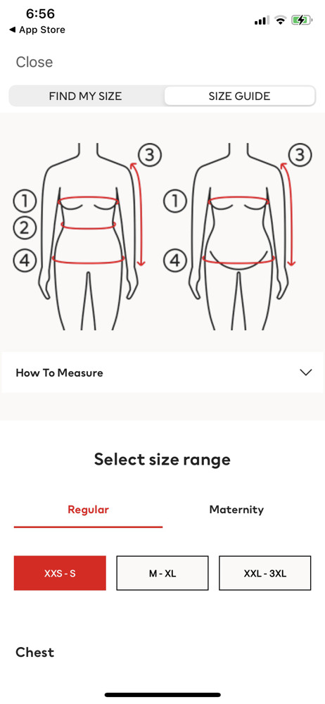 H&M Size guide screenshot
