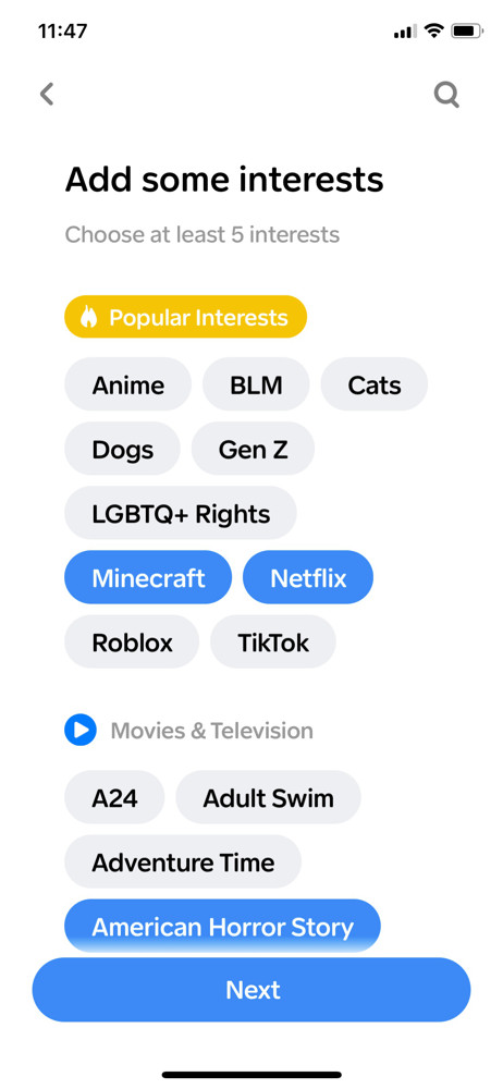Honk Select interests screenshot