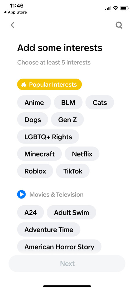 Honk Select interests screenshot
