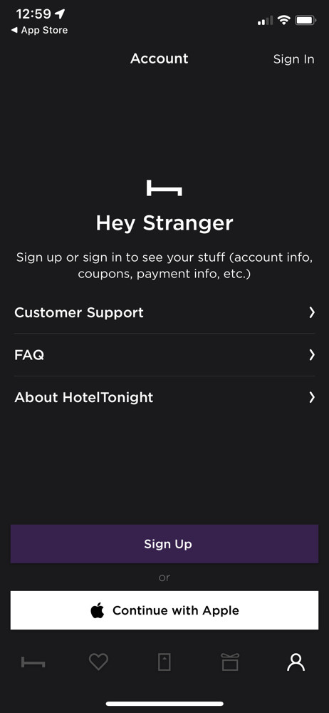 HotelTonight Sign up screenshot