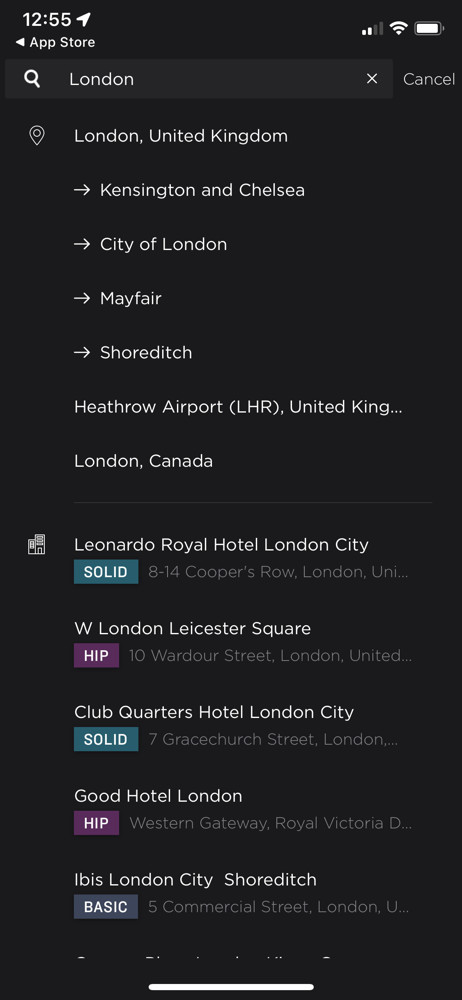 HotelTonight Search results screenshot