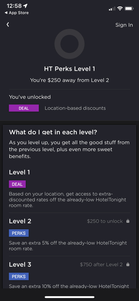 HotelTonight Level details screenshot