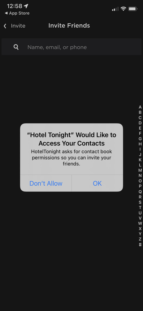 HotelTonight Allow contact access screenshot
