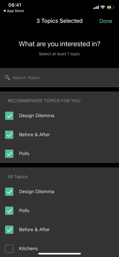 Houzz Select interests screenshot
