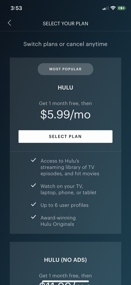 Hulu Select plan screenshot