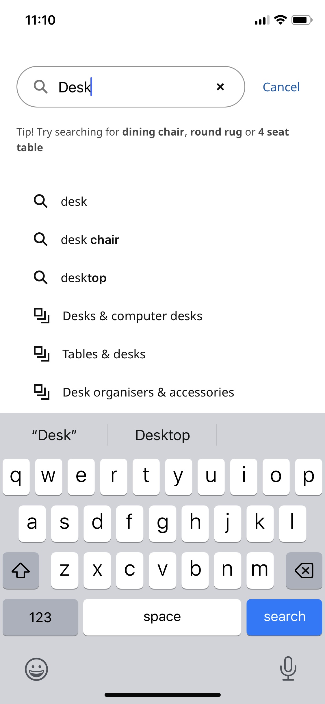 Screenshot of IKEA - Search autocomplete