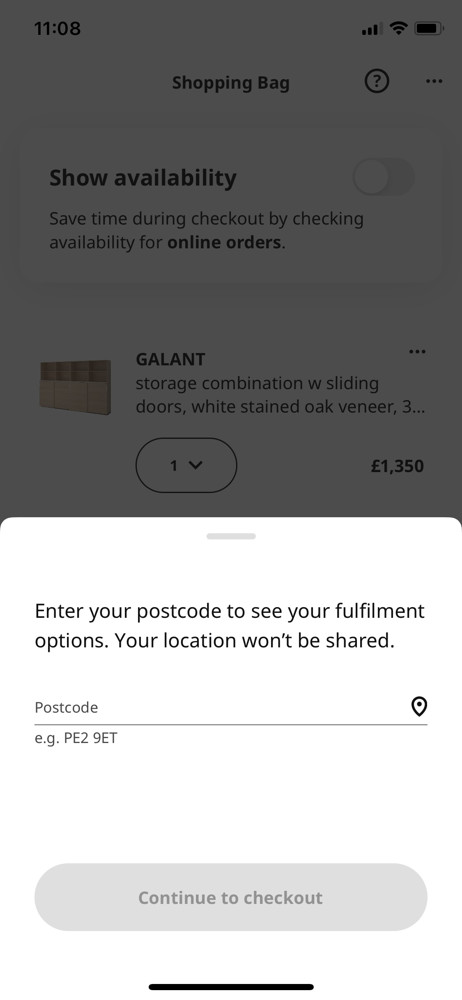 IKEA Enter postcode screenshot
