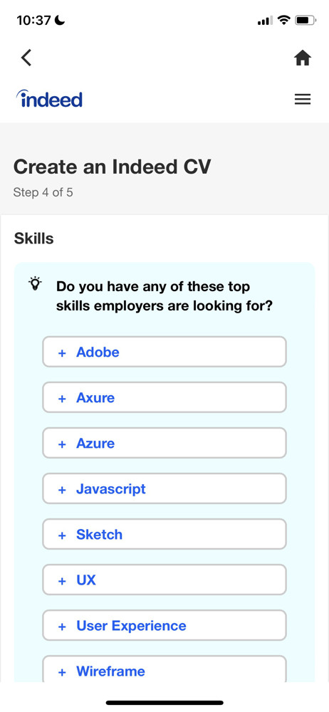 Indeed Add skills screenshot