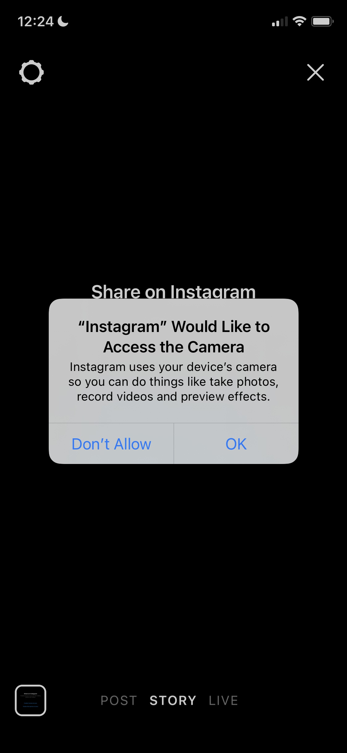 Screenshot of Instagram - Enable camera