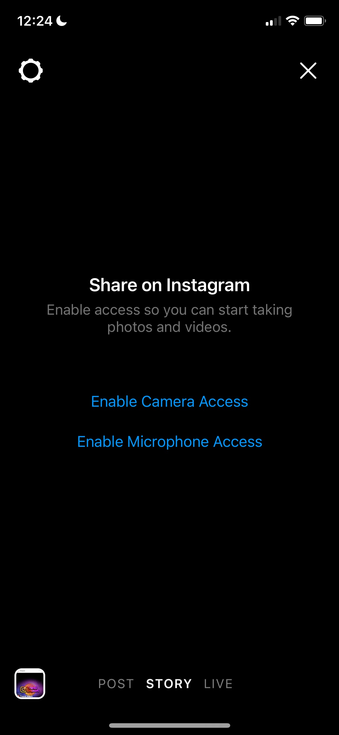 Screenshot of Instagram - Enable camera