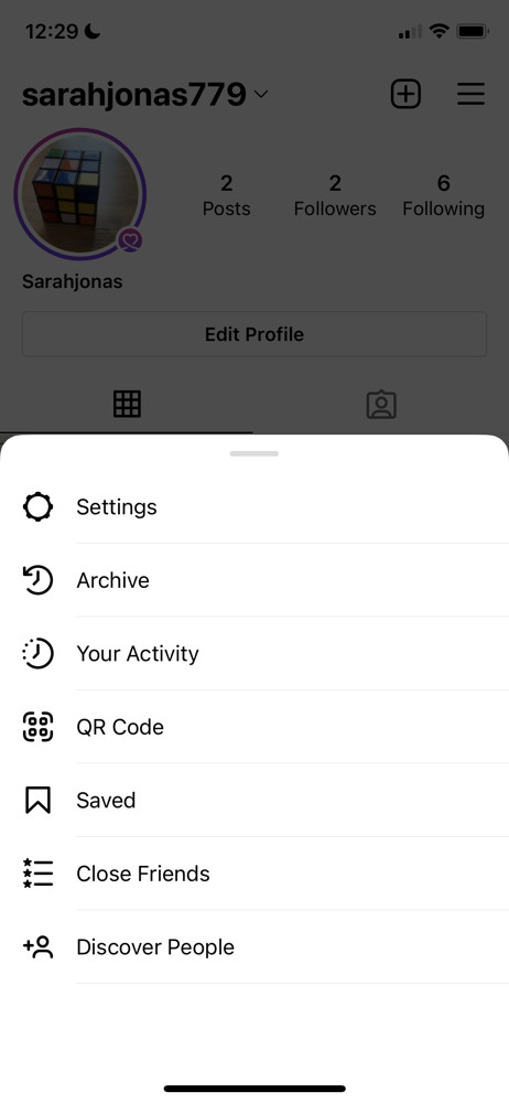 Instagram Account menu screenshot