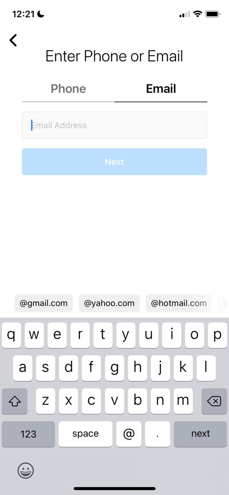 Instagram Enter email screenshot