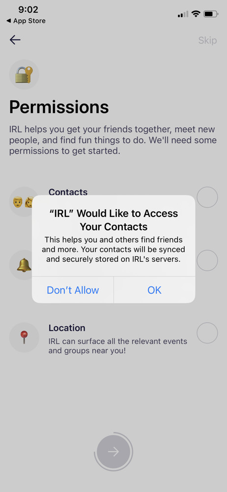 IRL Allow contact access screenshot