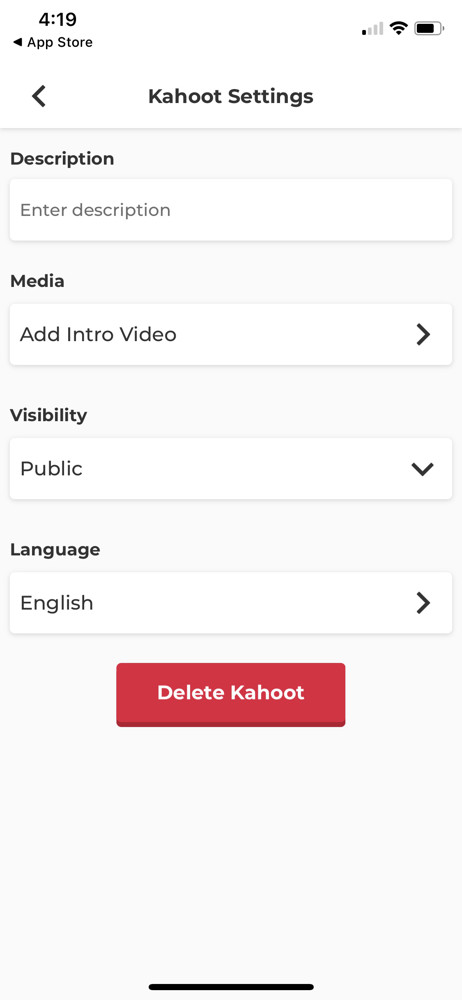 Kahoot Quiz settings screenshot