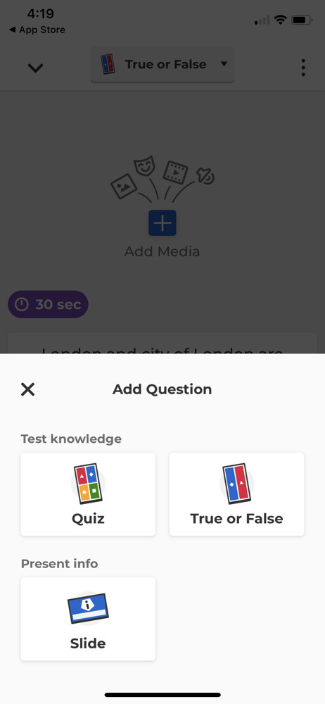 Kahoot Add question screenshot