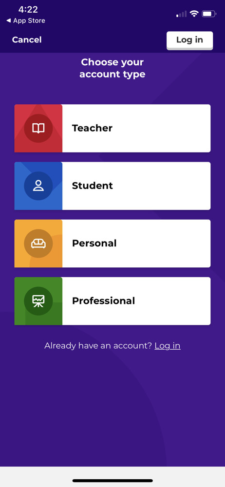 Kahoot Select account type screenshot