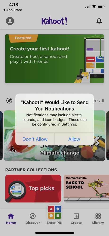 Kahoot Enable notifications screenshot