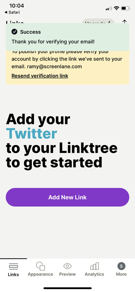 Linktree Email verified screenshot