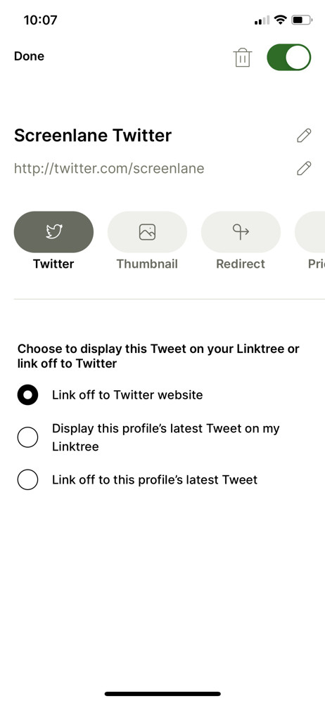 Linktree Link settings screenshot