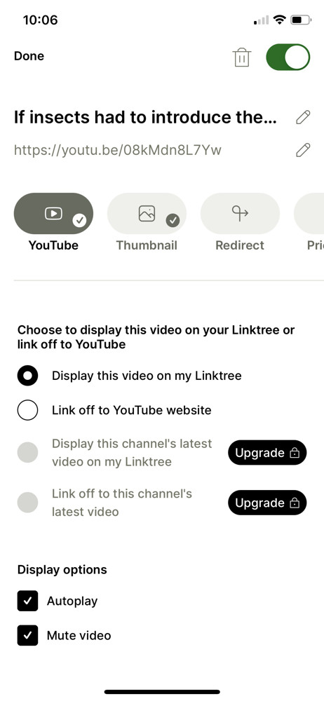 Linktree Link settings screenshot