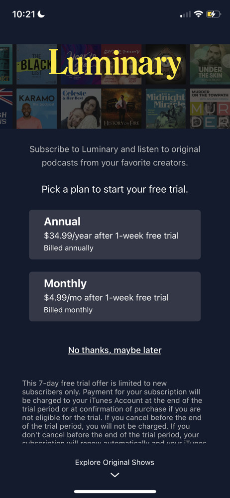 Luminary Start trial screenshot
