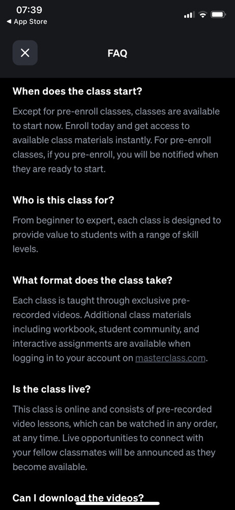 Masterclass FAQ screenshot