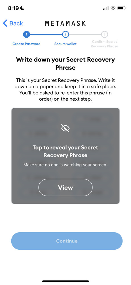 MetaMask Save recovery phrase screenshot