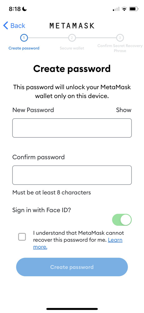 MetaMask Set password screenshot