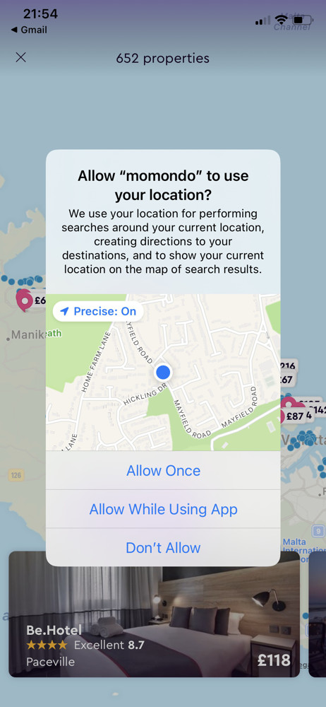 Momondo Enable location services screenshot