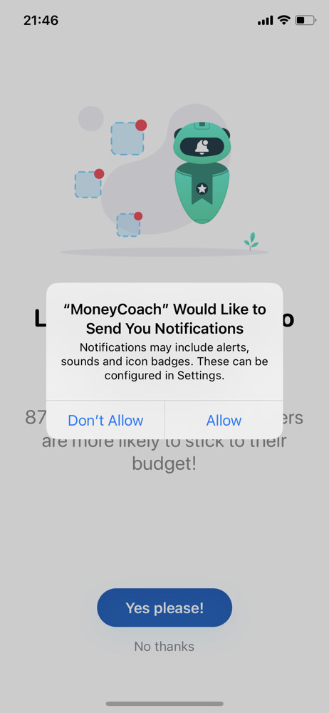 MoneyCoach Enable notifications screenshot