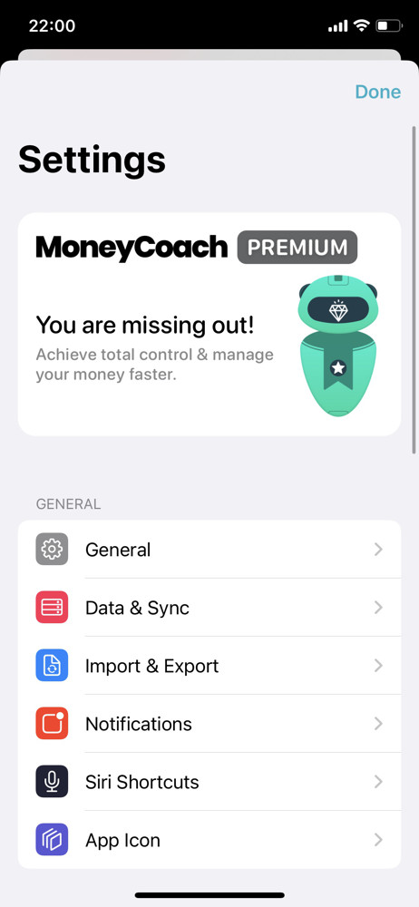 MoneyCoach Settings screenshot
