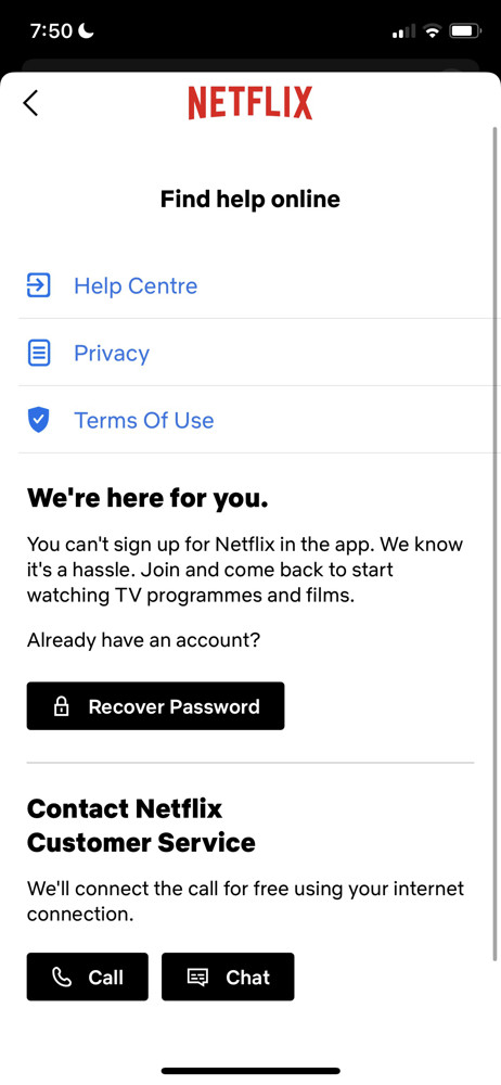 Netflix Help center screenshot