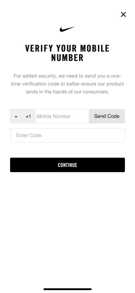 Nike SNKRS Verify phone number screenshot