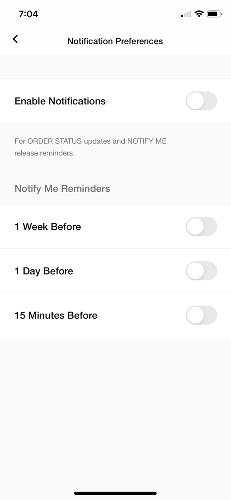 Nike SNKRS Notification settings screenshot