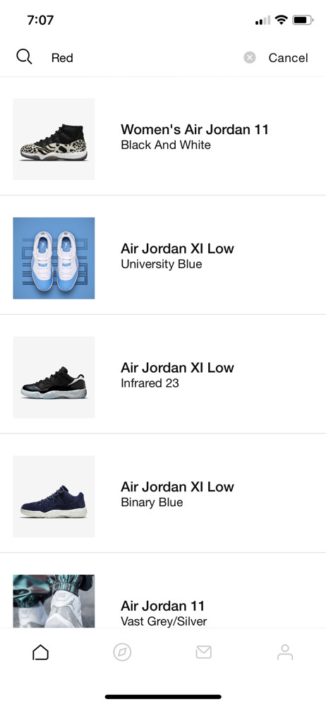 Nike SNKRS Search results screenshot
