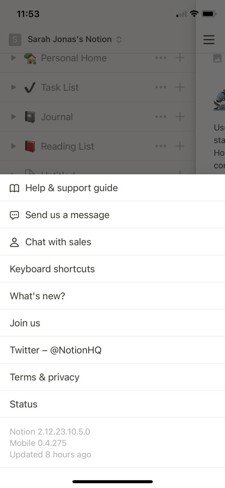 Notion Help menu screenshot