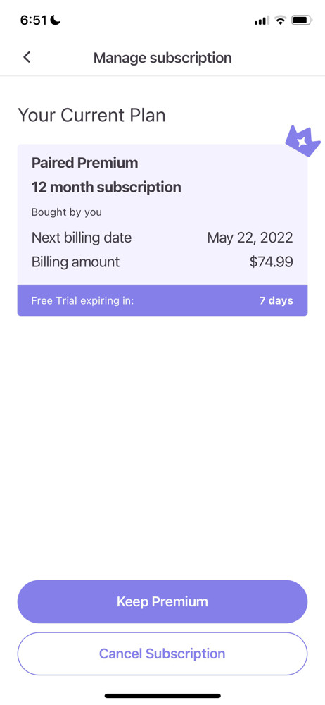 Paired Manage subscription screenshot