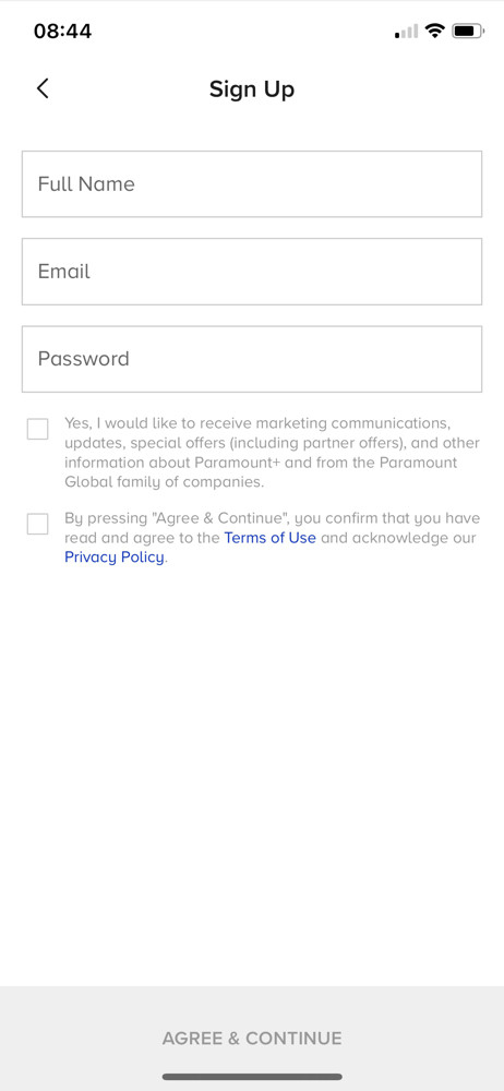 Paramount+ Sign up screenshot