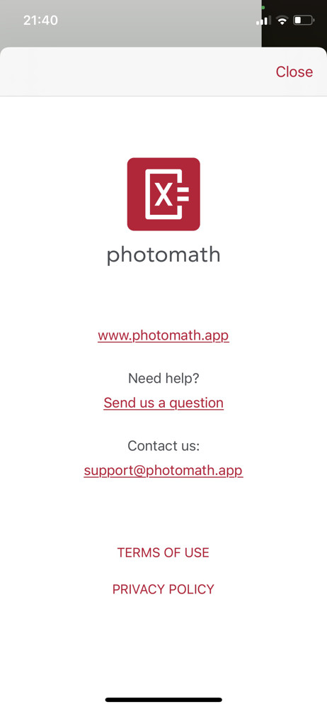 Photomath About screenshot